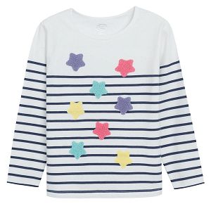 White and blue long sleeve stipes blouse with colorful stars