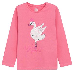 Pink with a swan print long sleeve blouse