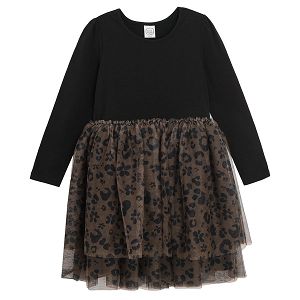 Black animal print long sleeve dress with tulle skirt