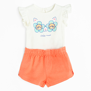 White sleeveless bodysuit with kitten with glasses print and orange shorts