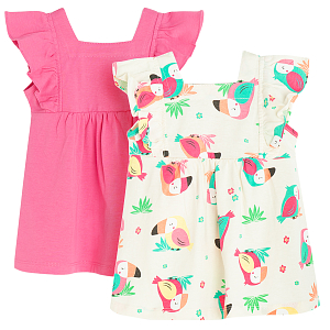 Φόρεμα κοντομάνικο 2 τμχ φούξια και ροζ με στάμπα παπαγάλους