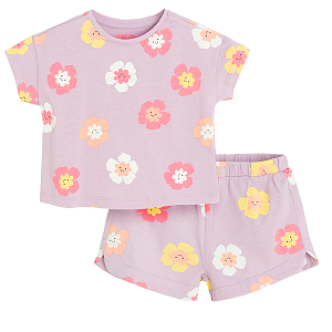Violet with flower pint T-shirt and shorts set- 2 pieces