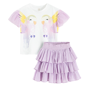 White T-shirt with parrots and purple skirt with ruffles- 2 pieces