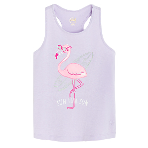 Violet sleeveless T-shirt with flamingo print