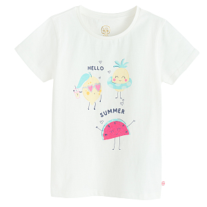 White T-shirt with fuit in sunglasses Hello Summer print