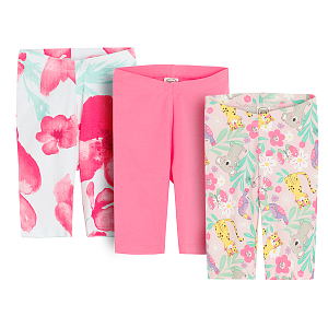 Pink plain, floral and with jungle animals print leggings- 3 pack