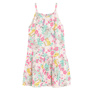 Φόρεμα αμάνικο με τιραντάκι ροζ με στάμπα λουλούδια και ζώα της ζούγκλας