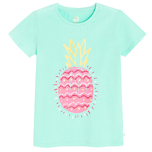 Turquoise T-shirt with purple pineapple print