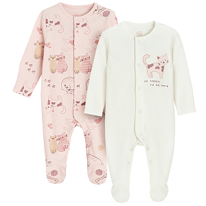 White and pink footed overalls with kitten print- 2 pack