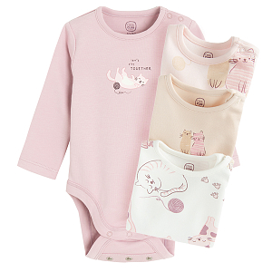 Pastel long sleeve bodysuits with kittens print- 4 pack