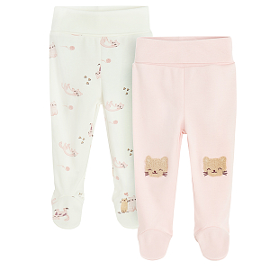 White and pink footed leggings with kitten print- 2 pack