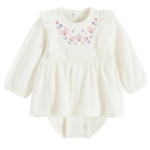 Ecru bodysuit/dress with embroidery around the neck line