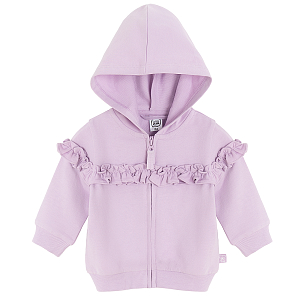 Purple zip through hooded sweatshirt with ruffle