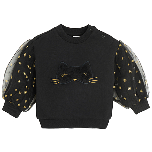 Black sweatshirt with Halloween kitten print and tulle sleeves