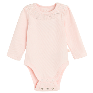 Pink long sleeve bodysuit with ruffle collar