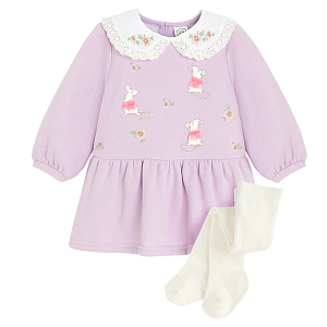 Pink long sleeve dress with detachable, mouse ballerina print,  collar and tights set