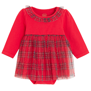 Red long sleeve bodysuit with checked tulle skirt