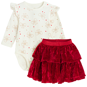 White long sleeve bodysuit with gold bows and red skirt set