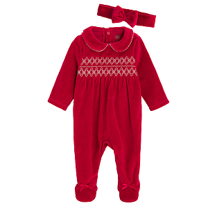 Red long sleeve overall with round collar and matching headband set