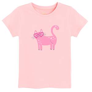 Pink T-shirt with cat with glasses print