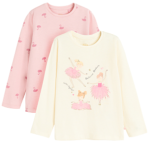 Pink and white with ballerinas print long sleeve blouses- 2 pack