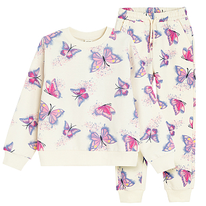 White sweatshirt and joggings pants set with butterflies print- 2 pack