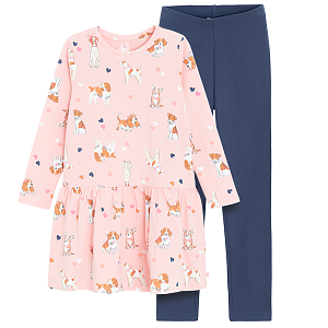 Pink long sleeve casual dress with puppies print and graffitti leggings set- 2 pieces