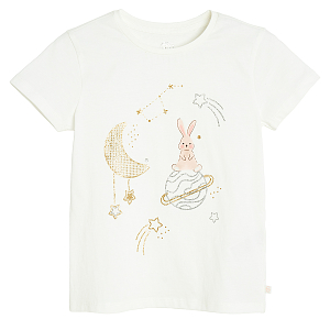 Ecru T-shirt with bunny on stars print