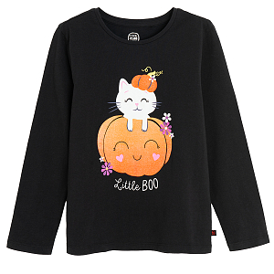 Black blouse with Halloween print, , kitten on pumpkin