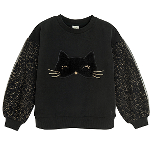 Black sweatshirt with Halloween cat print and tulle sleeves