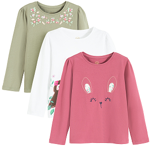 Green, burgundy with bunny and white with owl print blouses- 3 pack