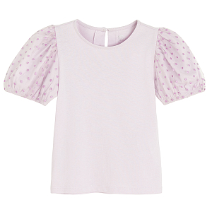 Violet short sleeve blouse with puffy sleeves