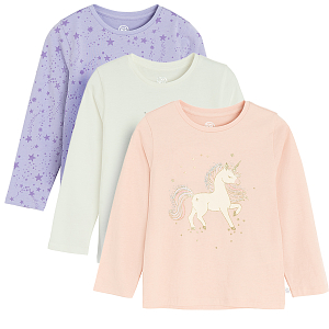 Ecru, violet, pink long sleeve blouses with unicorn print