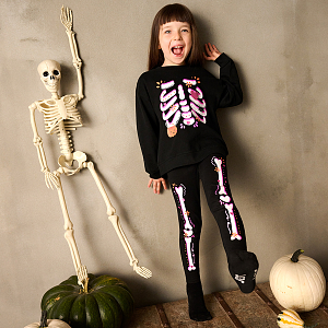 Black Halloween jogging set with skeleton print, sweatshirt and pants