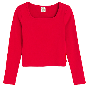 Red blouse with square neckline