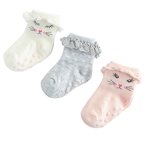 White, pink and grey socks with kitten print and lace- 3 pack