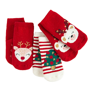 White and red terry socks with Xmas print- 3 pack