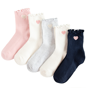 Pink, white, blue socks with small heart print- 3 pack