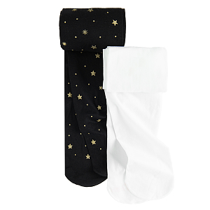 White and black with stars thick tights- 2 pack