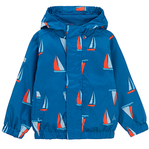Blue hooded zip through jacket with sailboats print