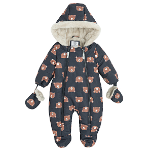 Blue hooded snowsuit with bears print and two side zippers