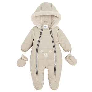 Grey footeless hooded snowsuit with two side zippers