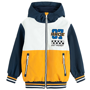 White, yellow, blue hooded light jacket