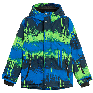 Blue and fluo green hooded ski jacket