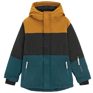 Green, black, dark yellow hooded ski jacket