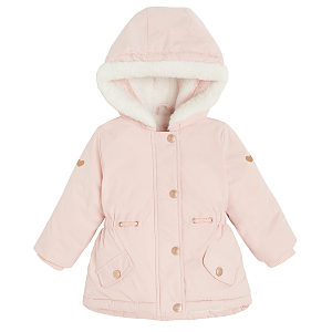 Pink hooded winter jacket with fur on the hood