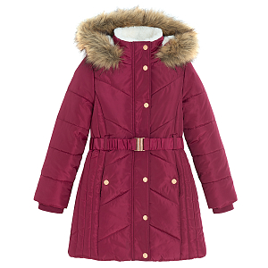 Burgundy winter coat with fur on the hood and belt