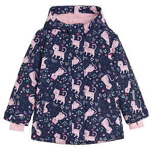 Blue hooded ski jacket with pink cats print