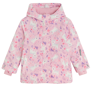 Pink hooded ski jacket with cats print