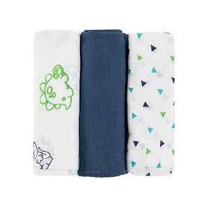 White with dinosaurs and triangles and blue muslin nappies- 3 pack